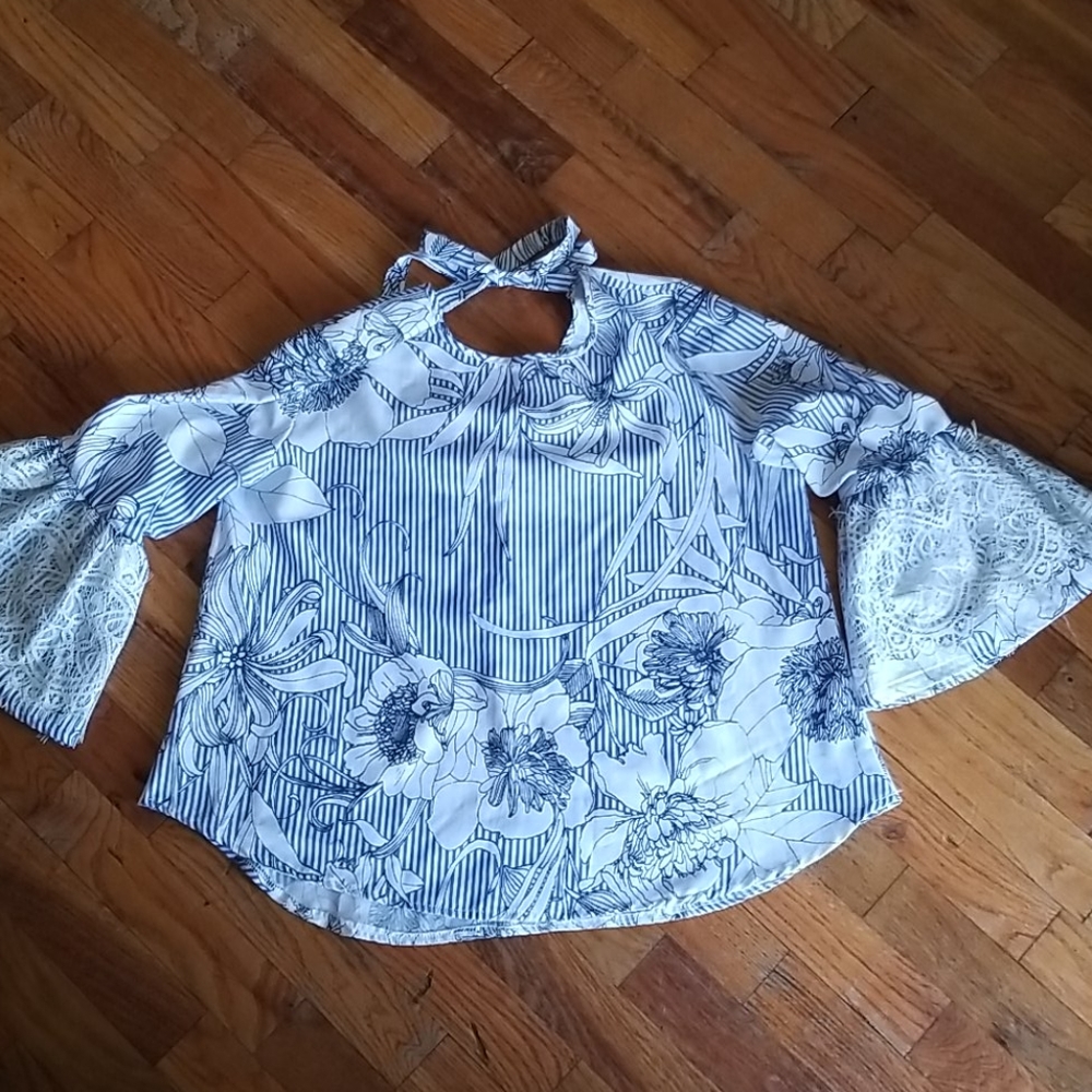 Blue and white striped floral bell sleeved top